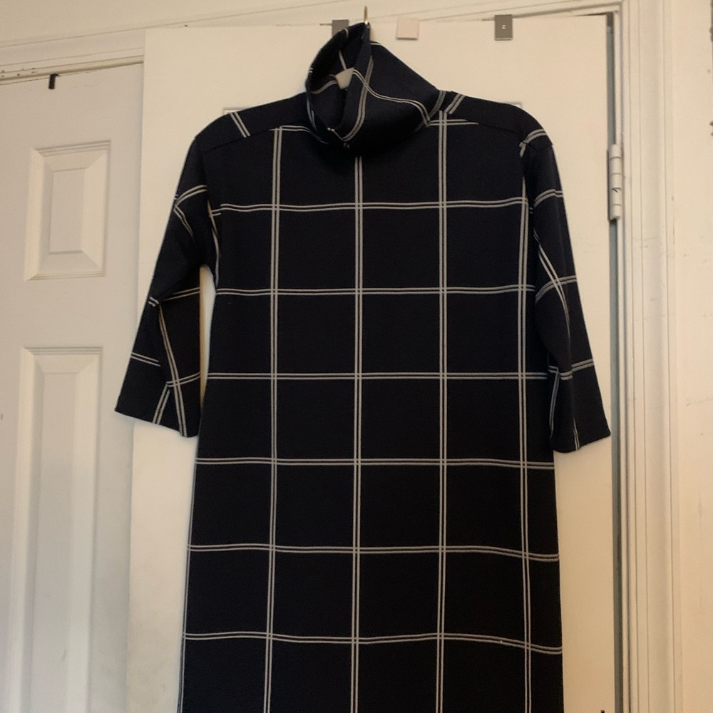 Loft Turtleneck Windowpane Knit Dress - navy & White